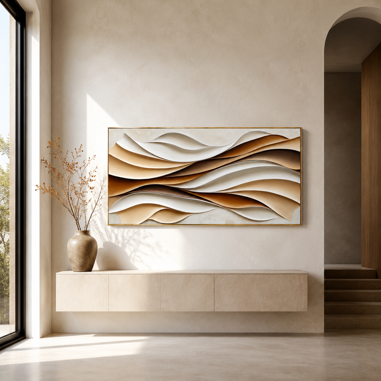 "Folded Dunes" - 3D White Beige & Brown Wave Relief | Horizontal Wabi-Sabi Textured Wall Art