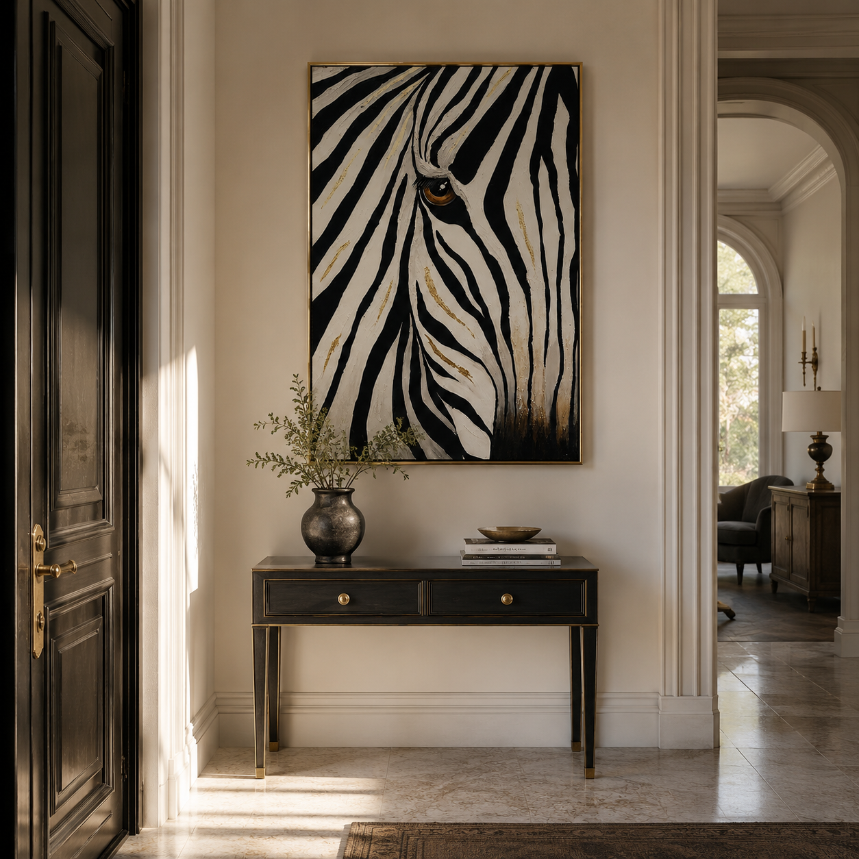 "Golden Gaze" - Textured Zebra Portrait Painting | Black White & Gold Vertical Animal Wall Art