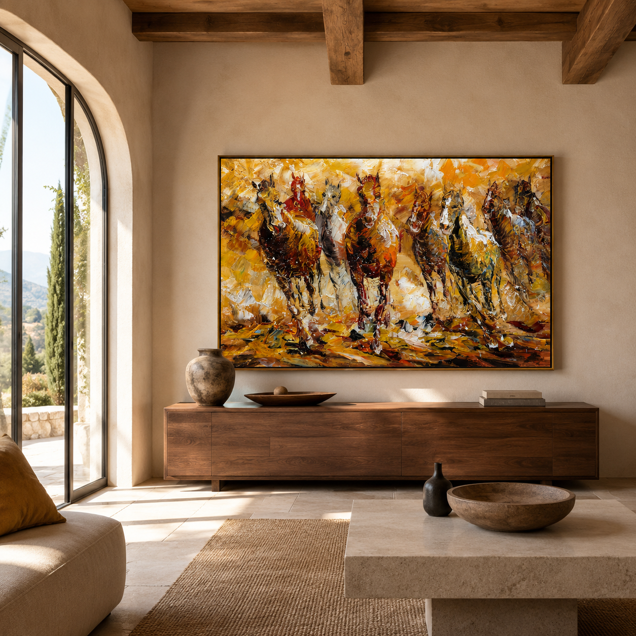 "Golden Gallop" - Colorful Impasto Horse Herd Painting | Brown Gold & White Equestrian Wall Art