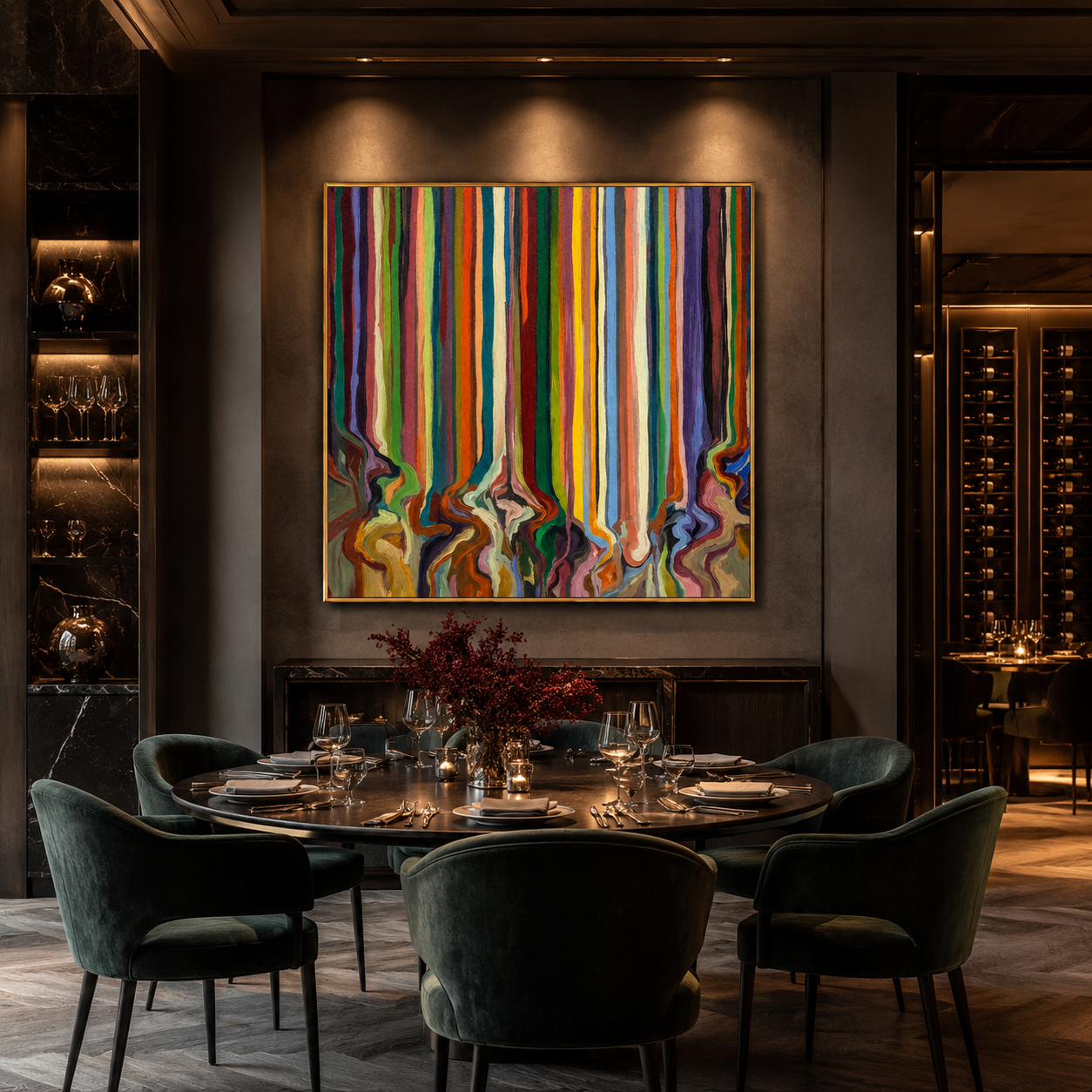 "Drifted Spectrum" - Colorful Vertical Stripe Abstract | Multicolor Square Drip Wall Art