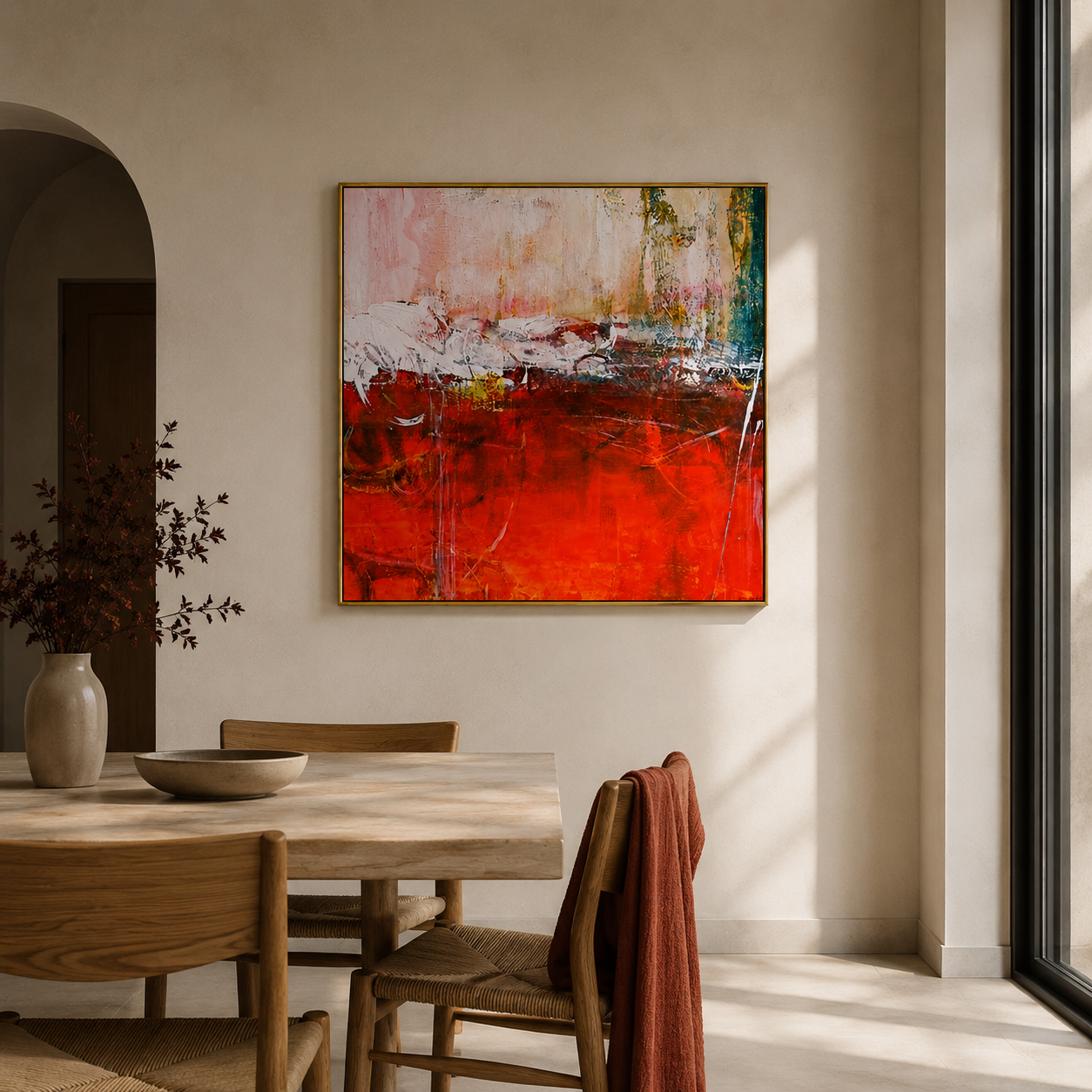 "Ember Divide" - Red White & Gold Textured Abstract Painting | Contemporary Square Statement Art