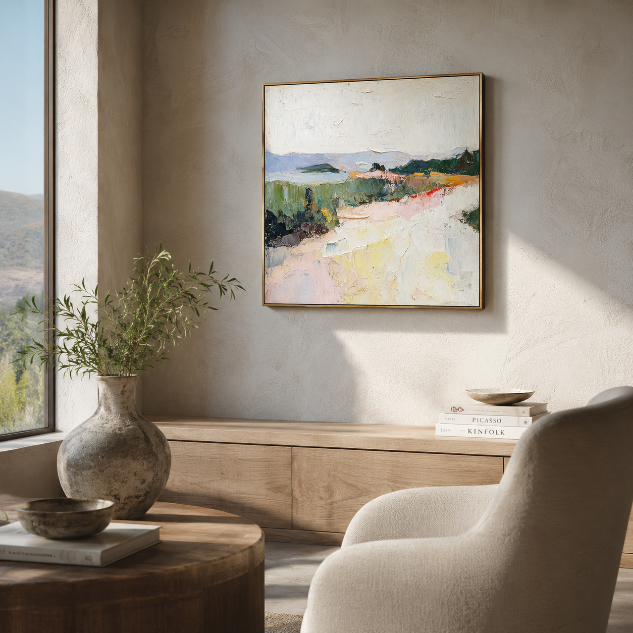 "Pastel Ridge" - Colorful Impasto Mountain Landscape | Green Pink & Yellow Textured Wall Art