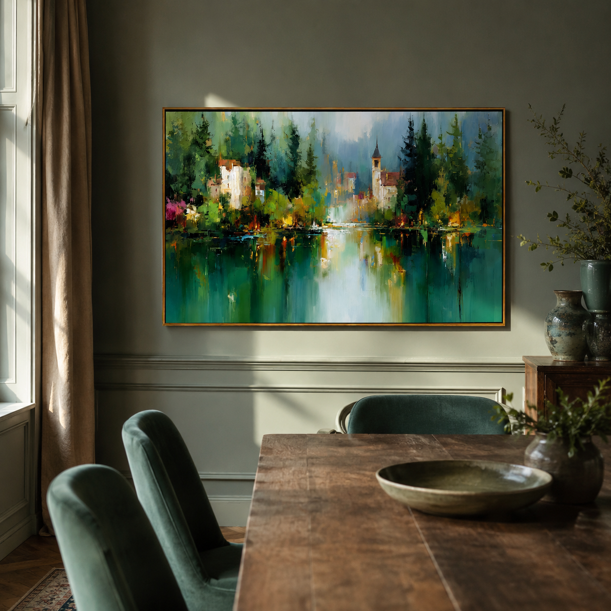 "Forest Reflection" - Green Lake Village Impasto Landscape | Blue & Emerald Horizontal Wall Art