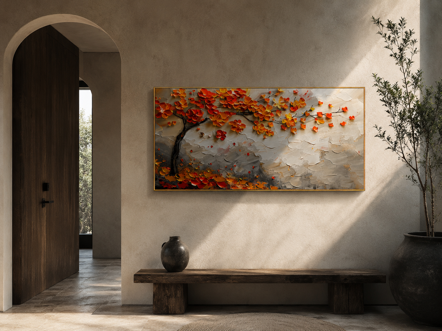 "Autumn Canopy" - Orange Blossom Tree Impasto Painting | White Grey & Gold Horizontal Wall Art