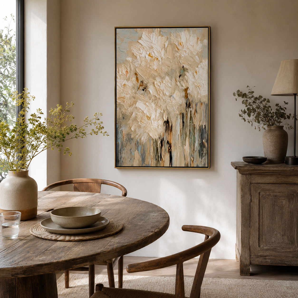 "Ivory Bloomfall" - White Impasto Floral Painting | Beige Textured Vertical Flower Wall Art