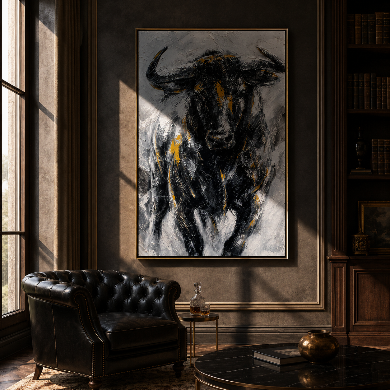 "Iron Buffalo" - Black White & Gold Textured Buffalo Portrait | Vertical Animal Wall Art