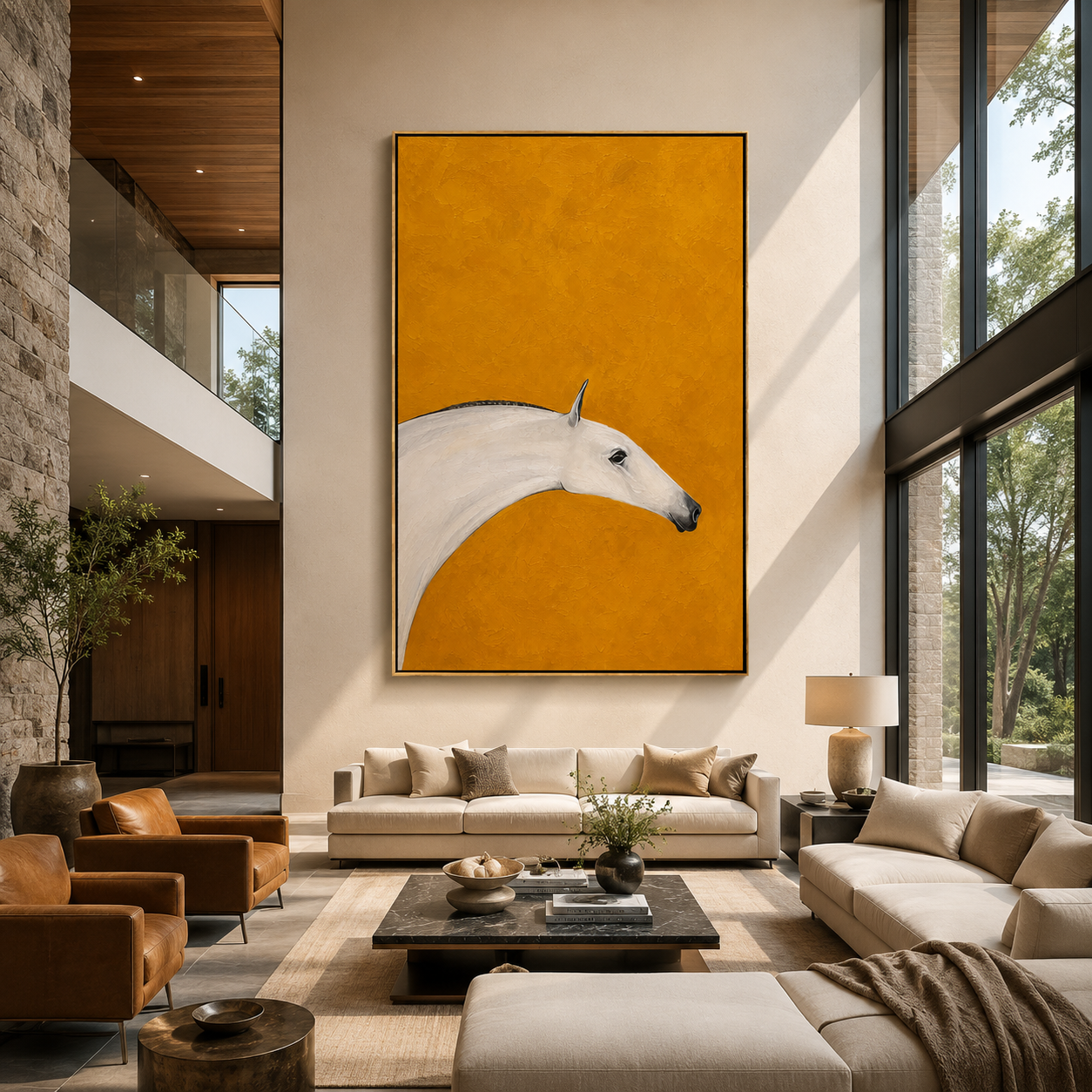"Ochre Mare" - Minimalist White Horse Painting | Golden Yellow Vertical Animal Wall Art