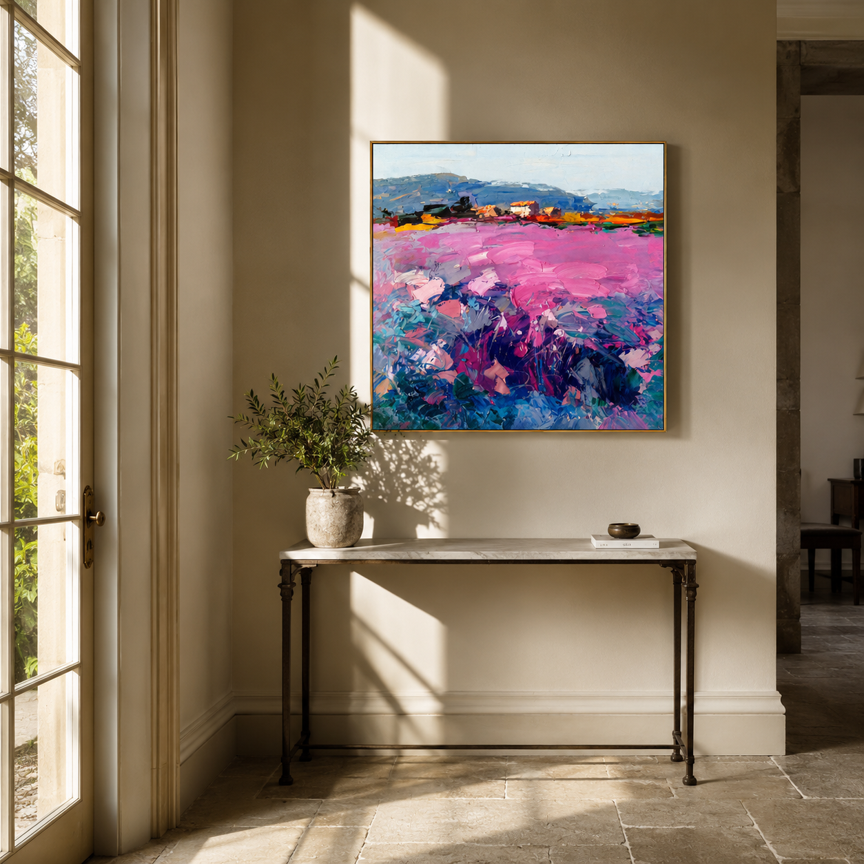 "Pink Terrain" - Colorful Impasto Landscape Painting | Blue Pink & Green Square Wall Art