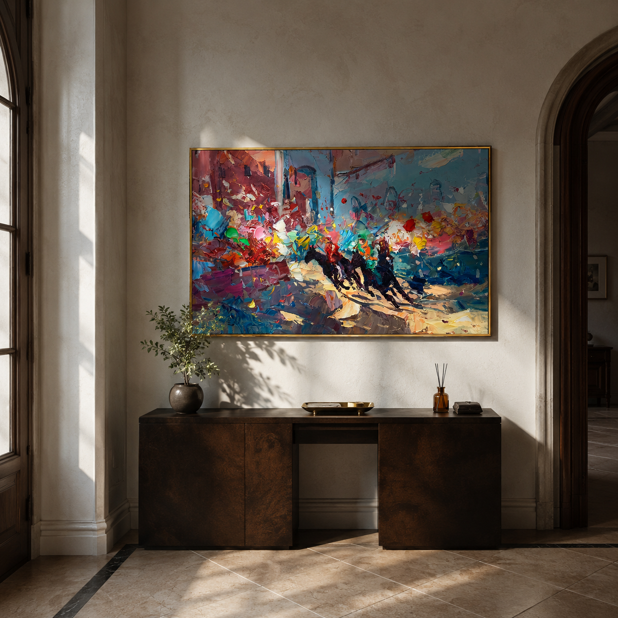 "Harbor Fragments" - Colorful Impasto Abstract Painting | Blue Red & Gold Horizontal Statement Art