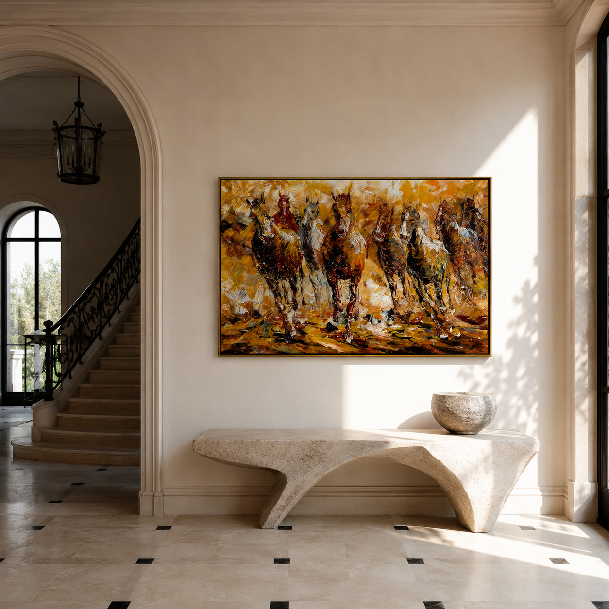 "Golden Gallop" - Colorful Impasto Horse Herd Painting | Brown Gold & White Equestrian Wall Art