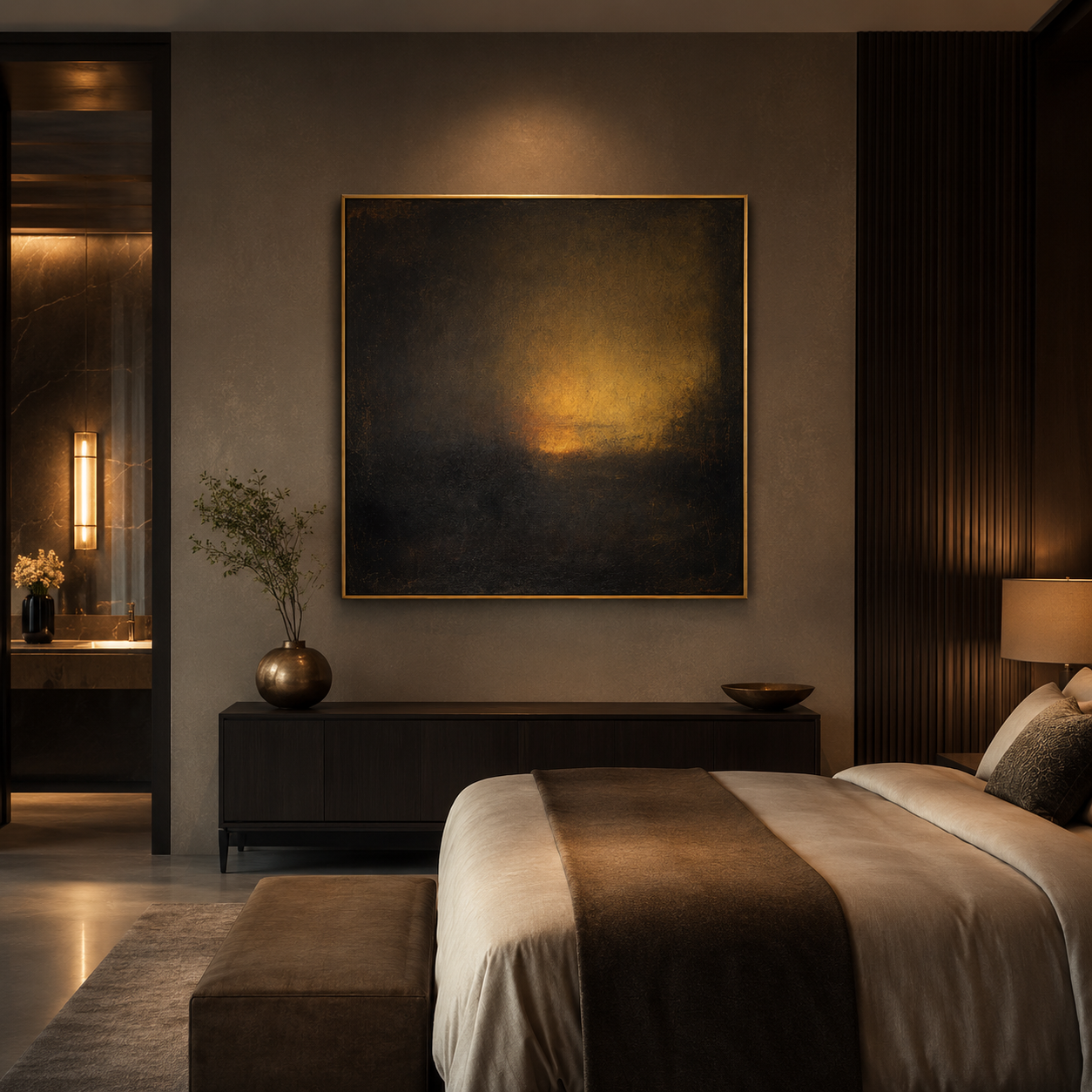 "Amber Nocturne" - Dark Abstract Glow Painting | Black Brown & Gold Square Wall Art
