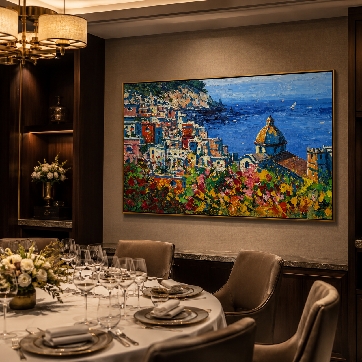"Amalfi Bloom" - Colorful Mediterranean Coastal Landscape | Blue Sea & Floral Village Wall Art