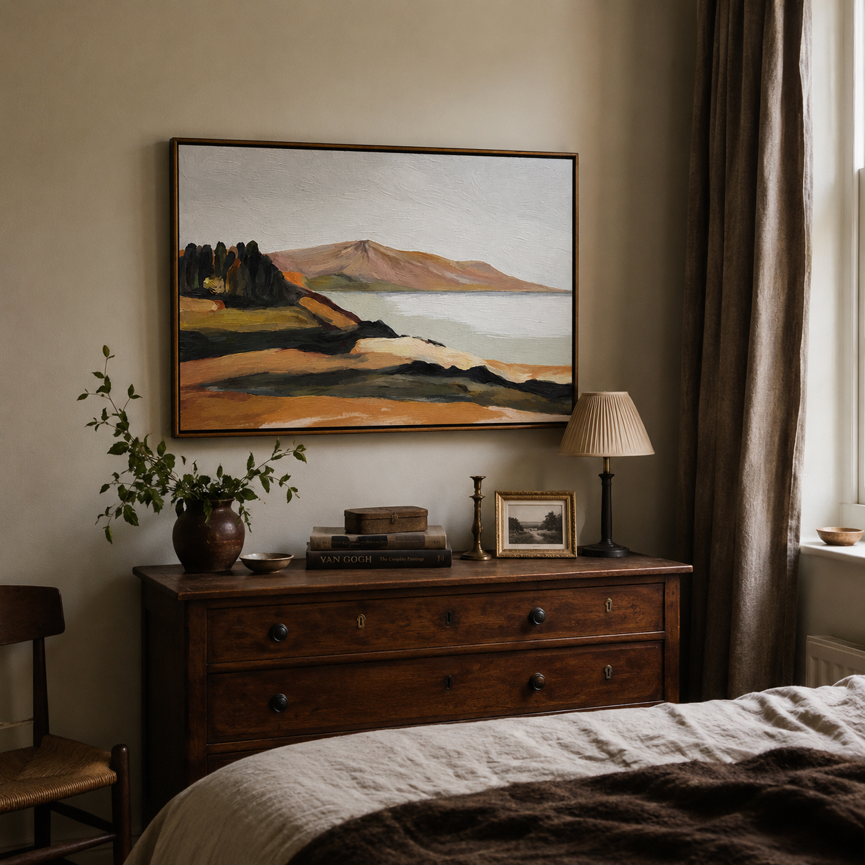 "Quiet Shoreline" - Minimalist Coastal Landscape Painting | Beige Blue & Brown Wall Art