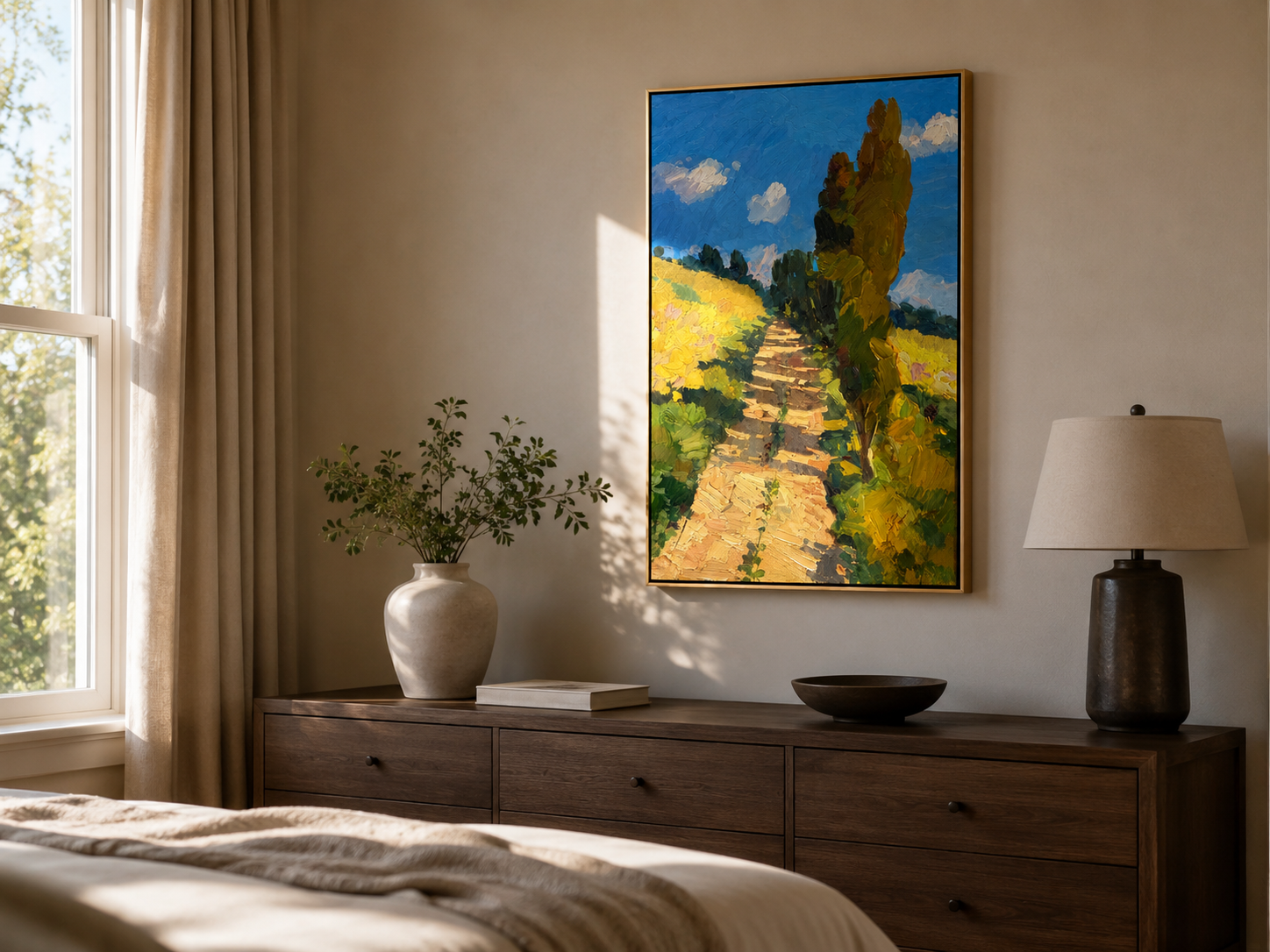 "Sunlit Path" - Yellow Field & Cypress Impasto Landscape | Blue Green Vertical Wall Art