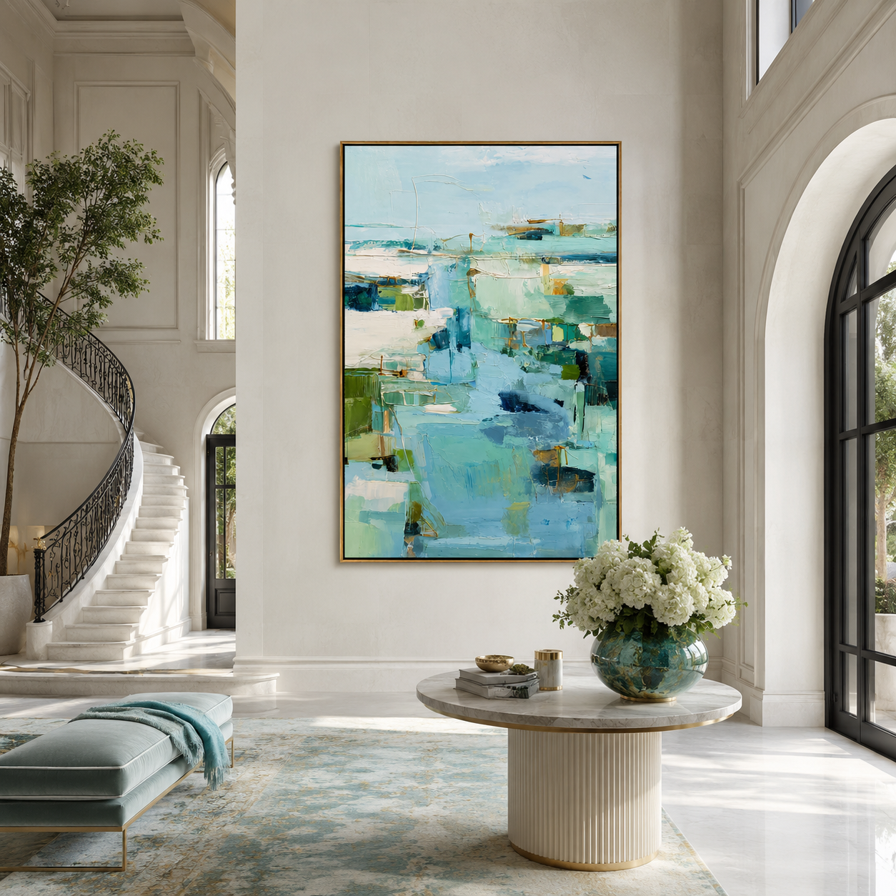 "Aqua Passage" - Soft Abstract Seascape Painting | Blue Green Vertical Contemporary Wall Art