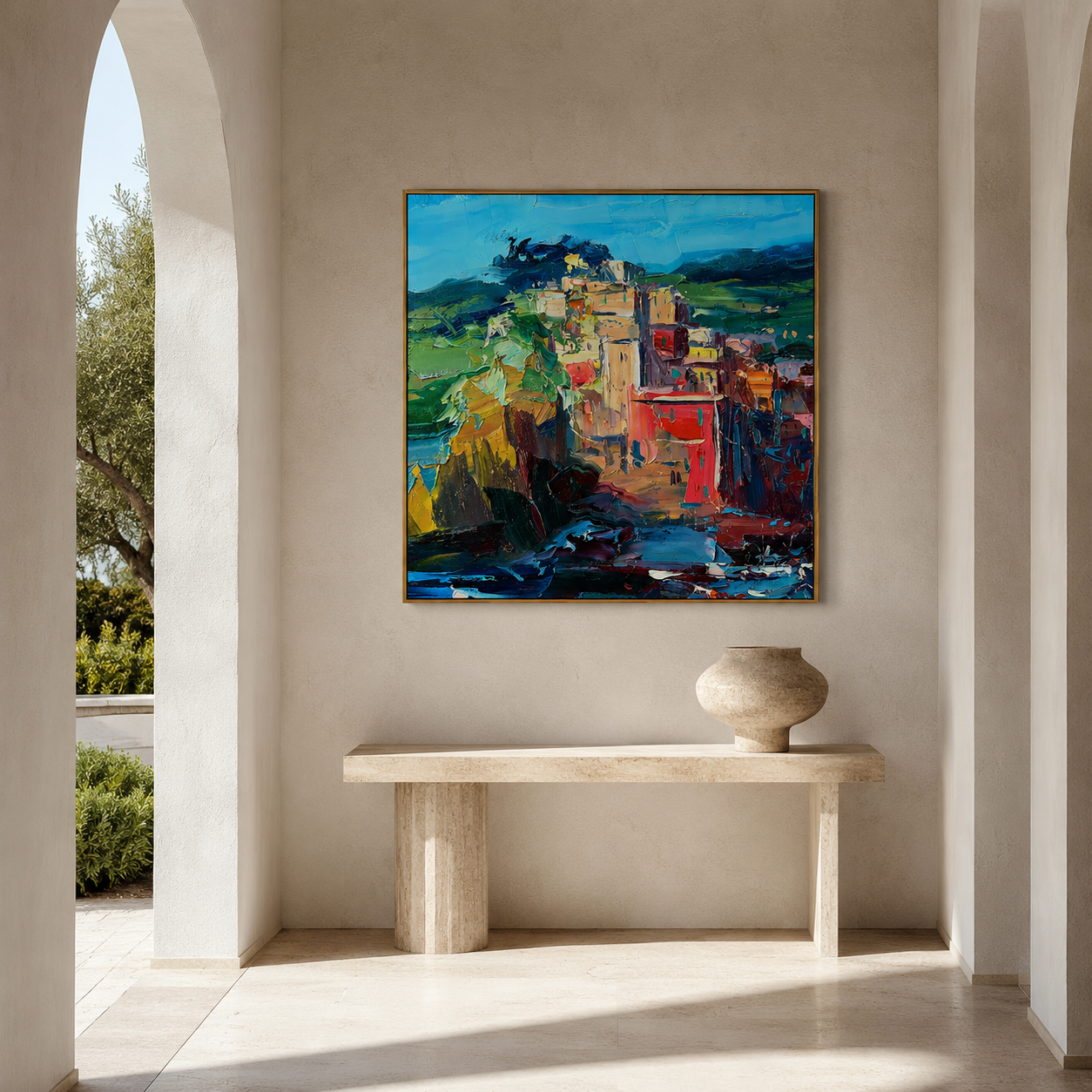 "Coastal Blocks" - Colorful Impasto Village Landscape | Blue Green & Coral Square Wall Art