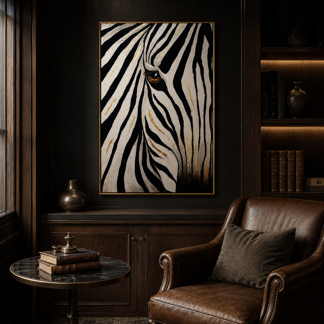 "Golden Gaze" - Textured Zebra Portrait Painting | Black White & Gold Vertical Animal Wall Art