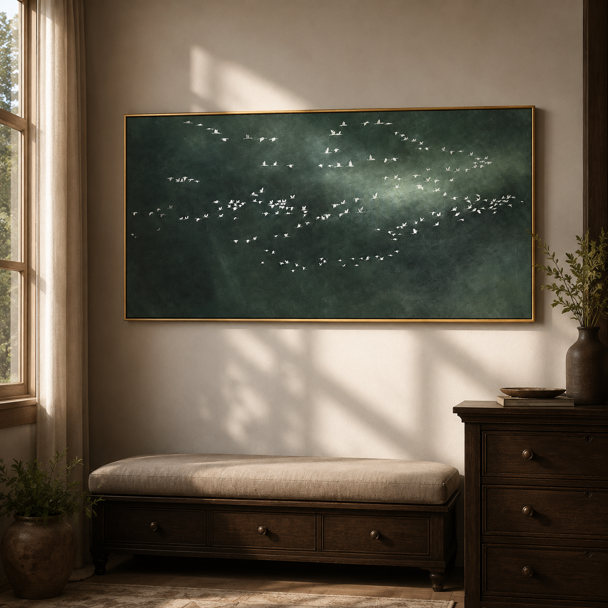 "Distant Flock" - Minimalist Bird Landscape Painting | Dark Green Horizontal Wall Art
