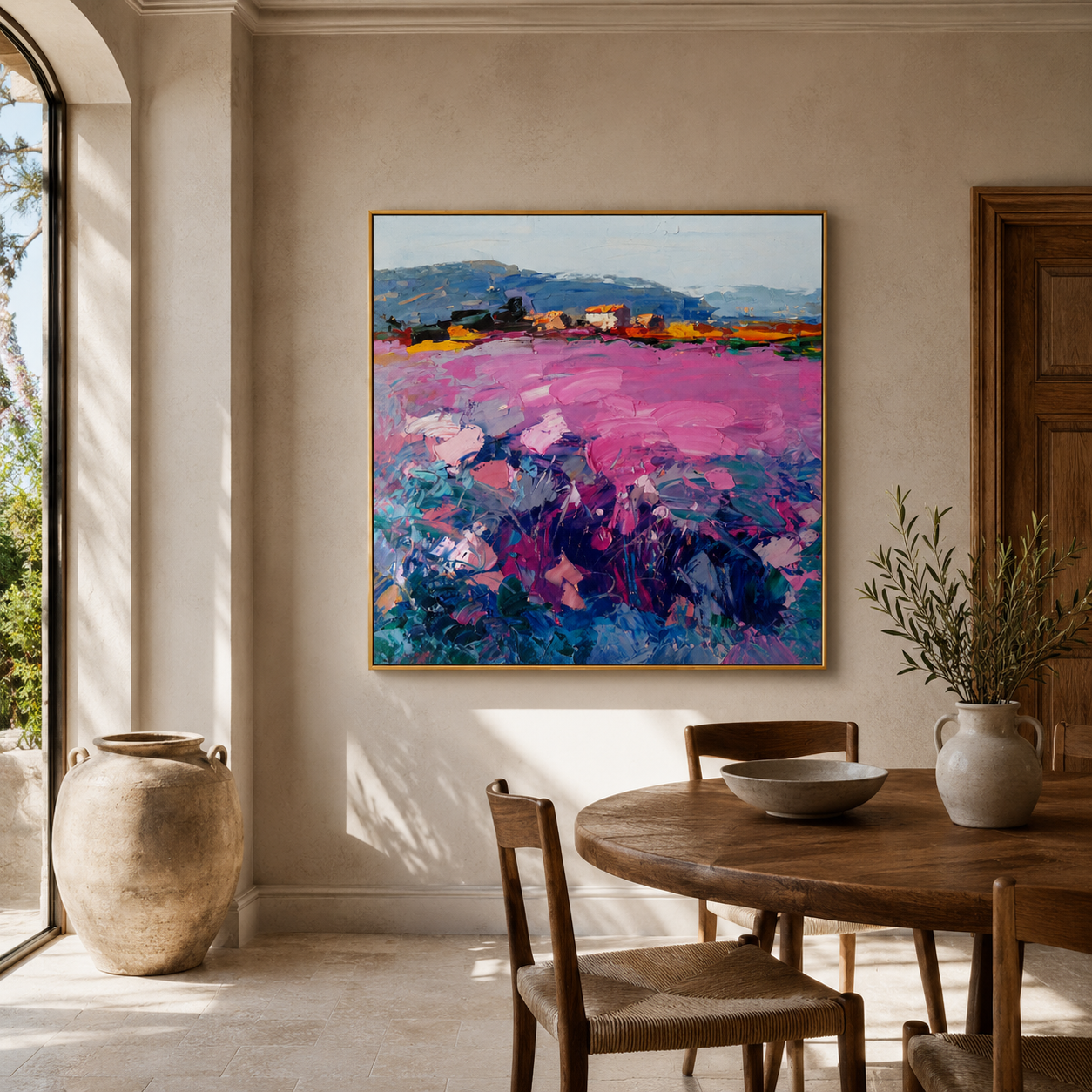 "Pink Terrain" - Colorful Impasto Landscape Painting | Blue Pink & Green Square Wall Art
