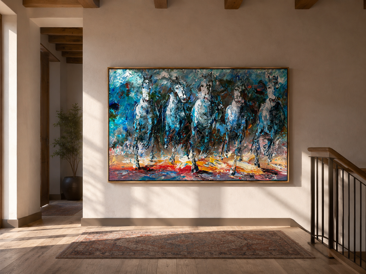 "Blue Procession" - Textured White Horse Herd Painting | Blue Black & Red Horizontal Equestrian Art