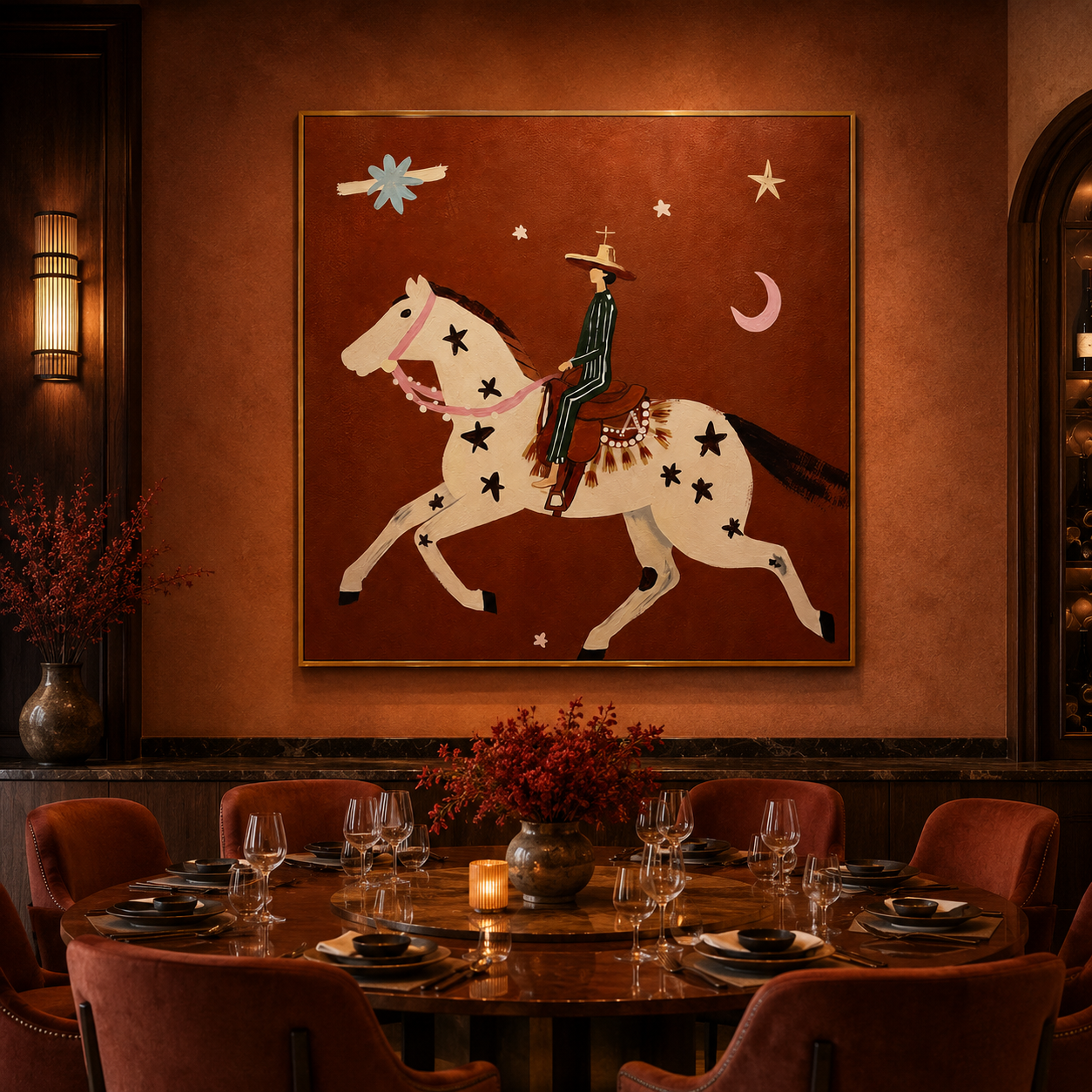 "Moonlit Rider" - Whimsical Horse & Cowboy Painting | Rust Red Western Animal Wall Art