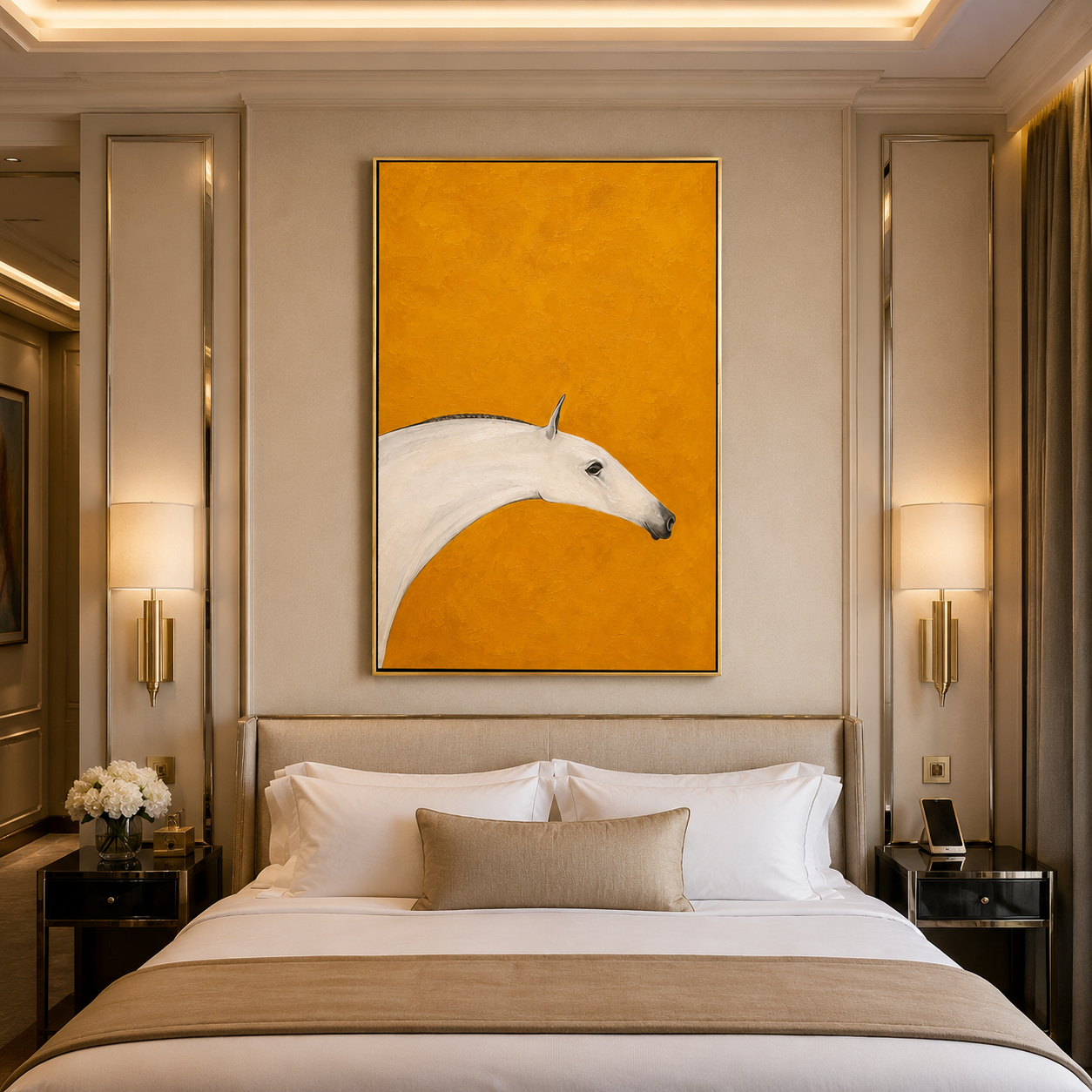 "Ochre Mare" - Minimalist White Horse Painting | Golden Yellow Vertical Animal Wall Art