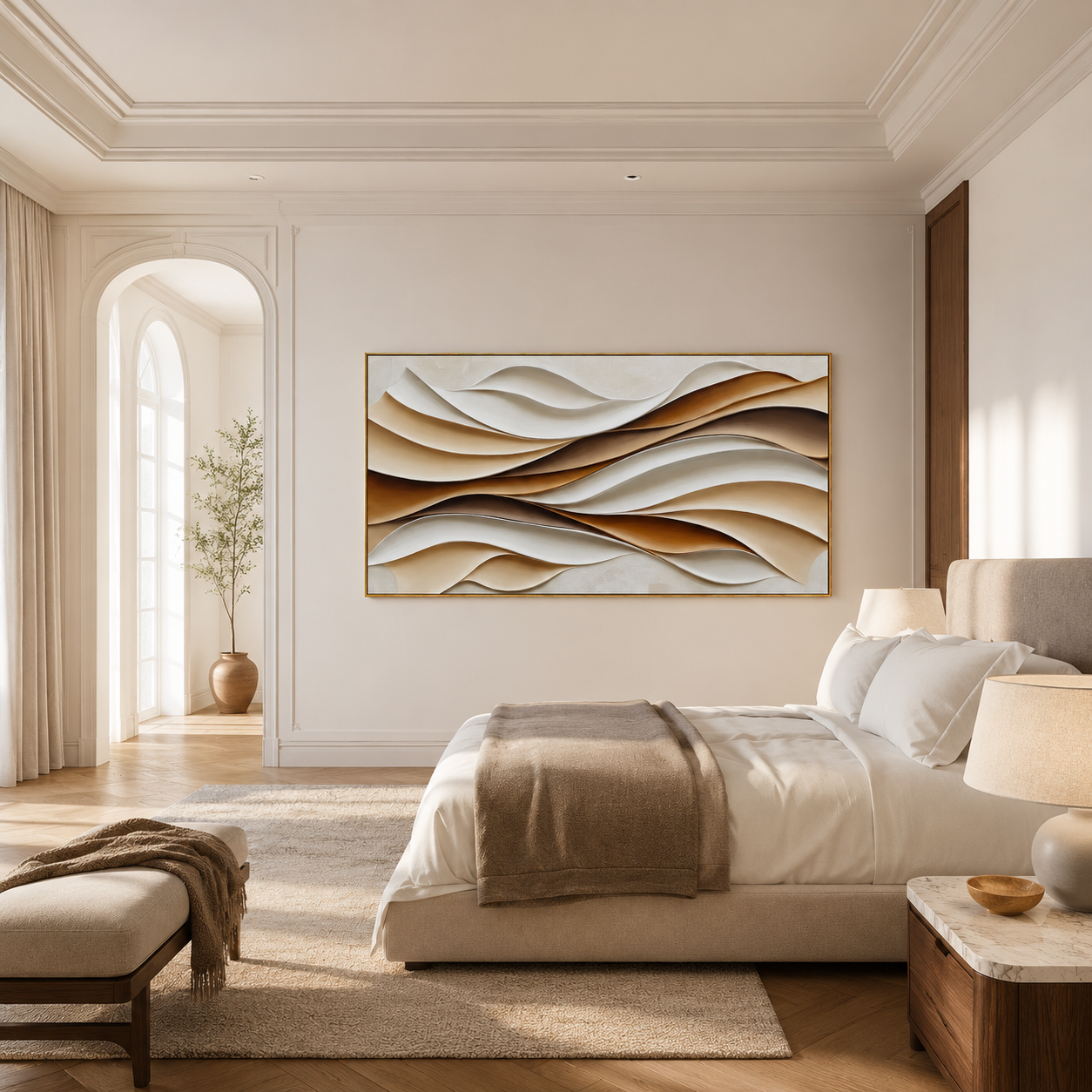 "Folded Dunes" - 3D White Beige & Brown Wave Relief | Horizontal Wabi-Sabi Textured Wall Art