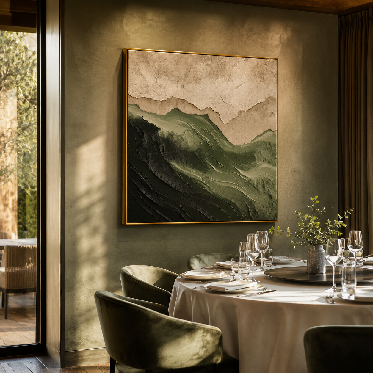 "Forest Ridge" - 3D Wabi-Sabi Mountain Relief | Green Beige & White Square Textured Art