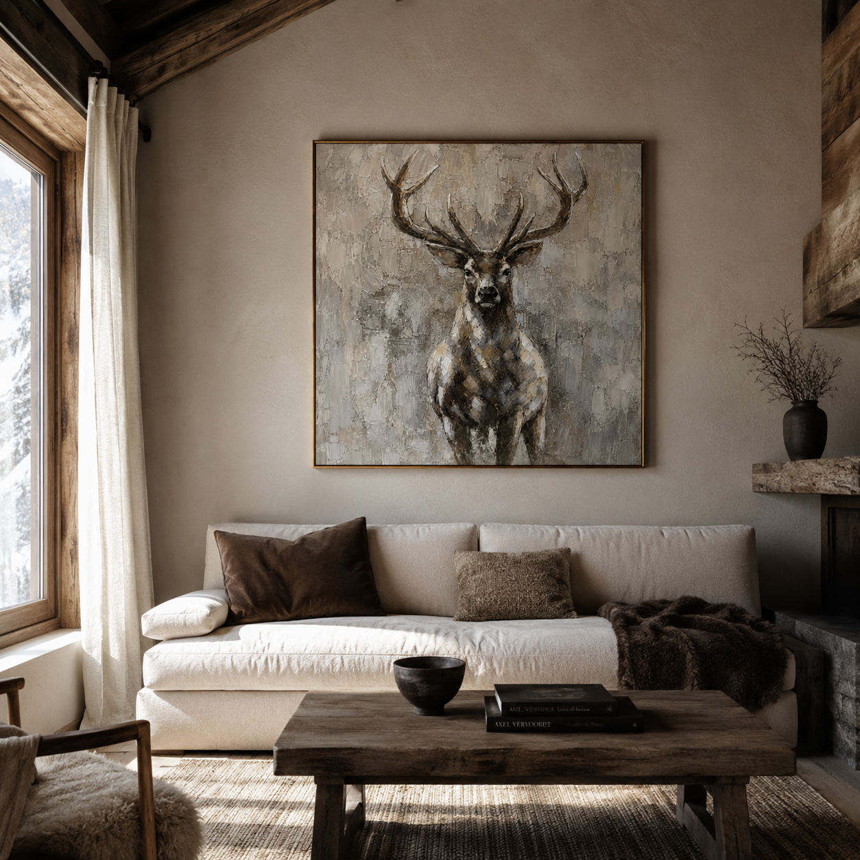 "Quiet Stag" - Textured Deer Portrait Painting | Beige Brown & Grey Vertical Animal Wall Art