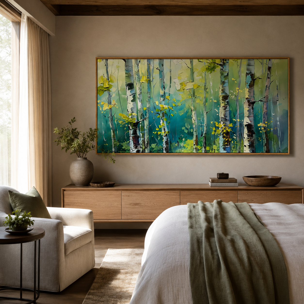 "Birch Light" - Colorful Birch Forest Painting | Green Blue & Yellow Woodland Wall Art