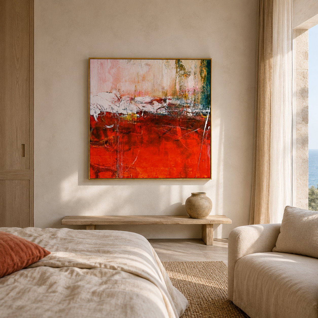 "Ember Divide" - Red White & Gold Textured Abstract Painting | Contemporary Square Statement Art