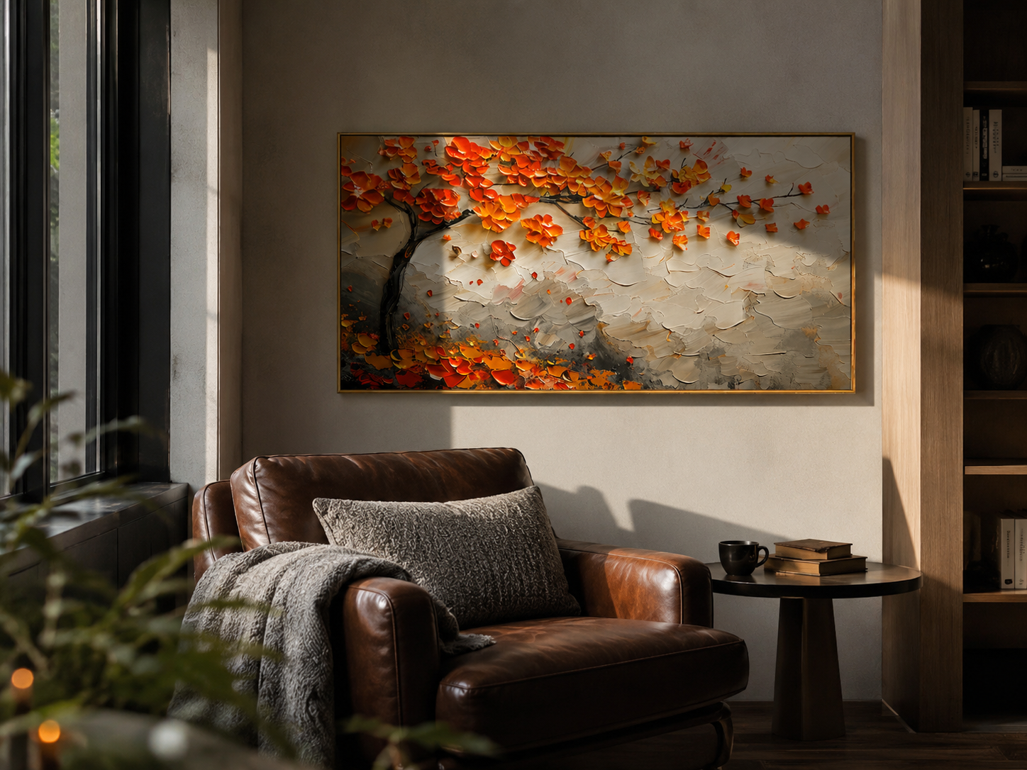 "Autumn Canopy" - Orange Blossom Tree Impasto Painting | White Grey & Gold Horizontal Wall Art