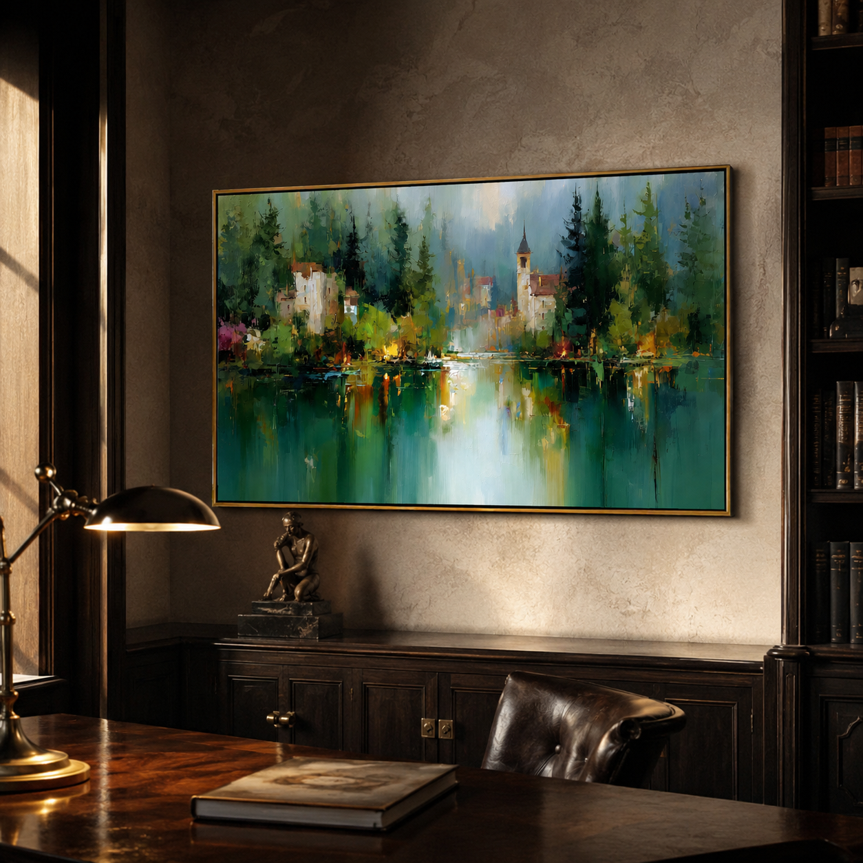 "Forest Reflection" - Green Lake Village Impasto Landscape | Blue & Emerald Horizontal Wall Art
