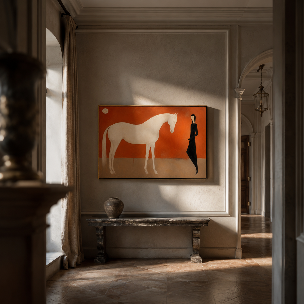 "Moonlit Keeper" - White Horse & Figure Painting | Terracotta Minimalist Figurative Wall Art