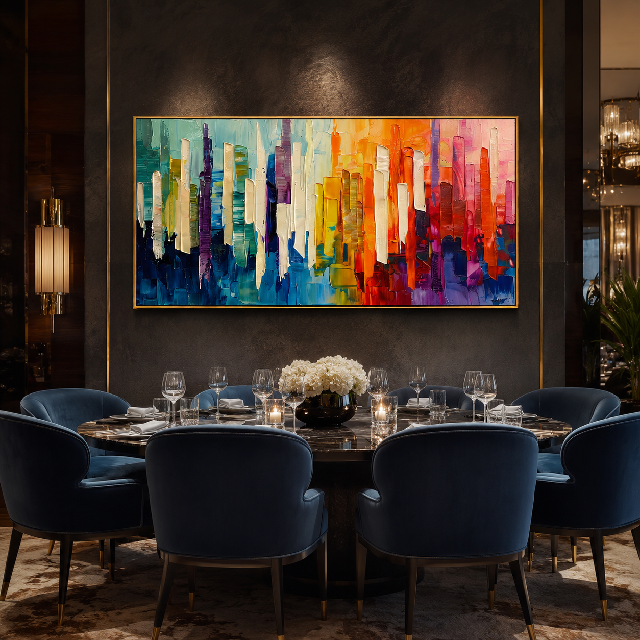 "Chromatic Skyline" - Colorful Abstract Cityscape Painting | Rainbow Vertical Forms Wall Art