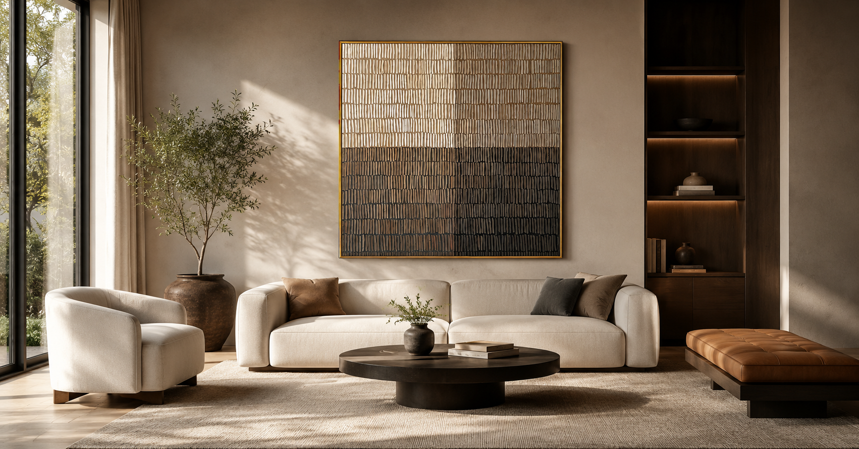 "Measured Silence" - 3D Minimalist Plaster Grid Relief | Beige Grey & Black Square Textured Art