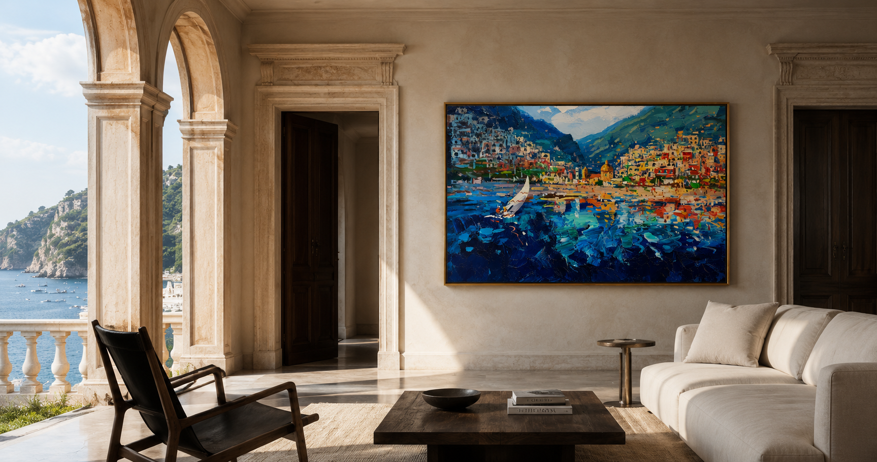 "Harbor Mosaic" - Colorful Impasto Coastal Village Painting | Blue Green & Orange Mediterranean Wall Art