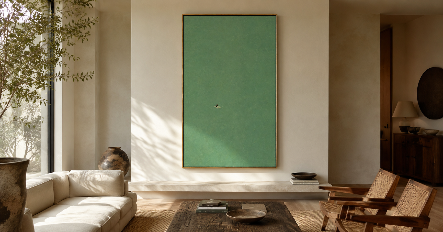 "Small Arrival" - Minimalist Bird Painting | Soft Green Vertical Contemporary Wall Art