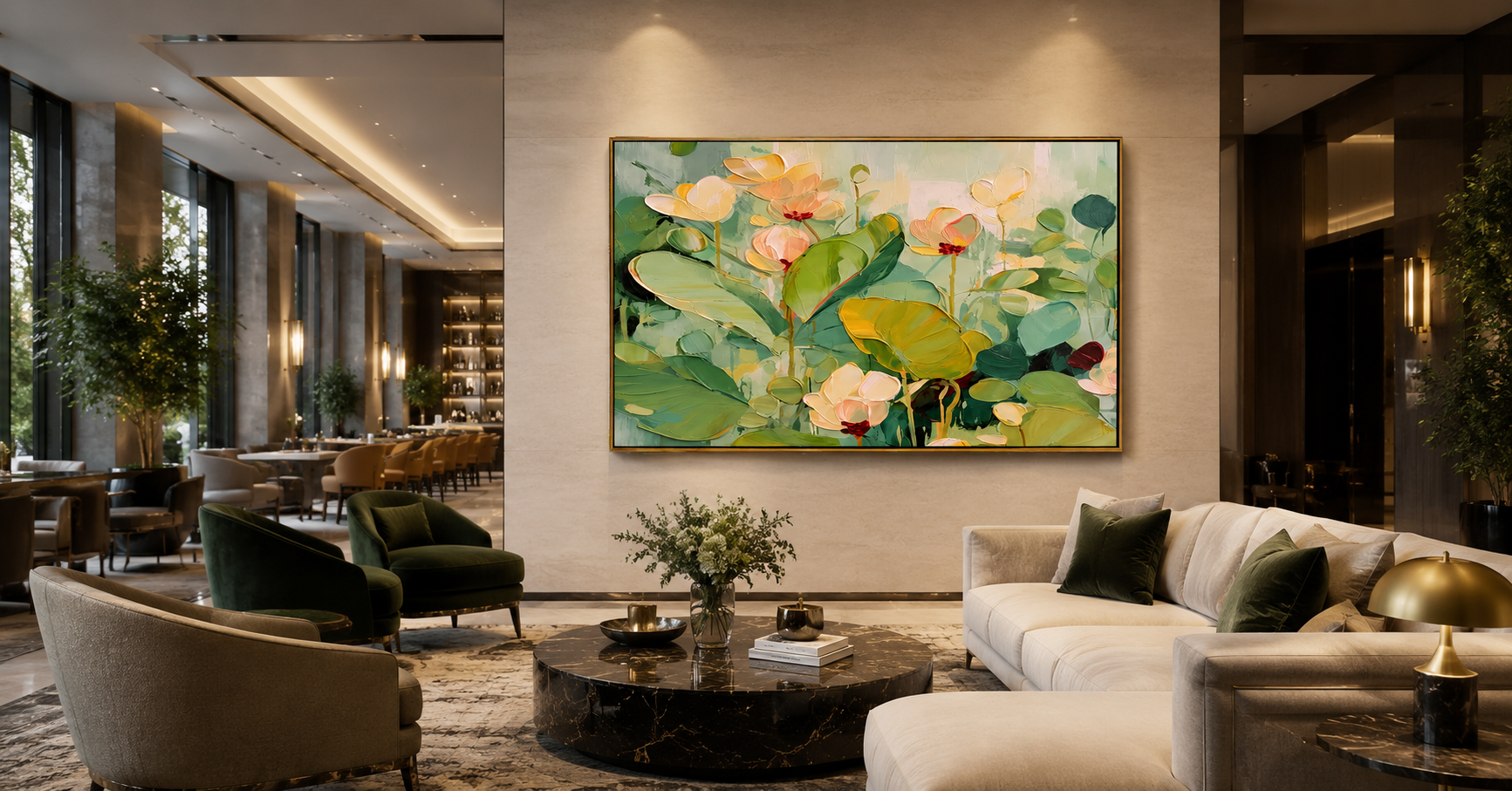 "Lotus Morning" - Soft Floral Water Lily Painting | Green White & Pink Botanical Wall Art