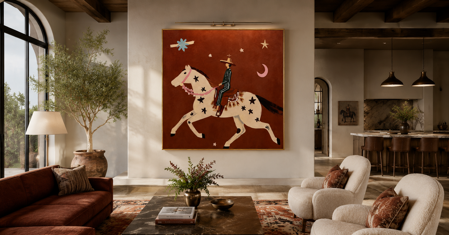 "Moonlit Rider" - Whimsical Horse & Cowboy Painting | Rust Red Western Animal Wall Art