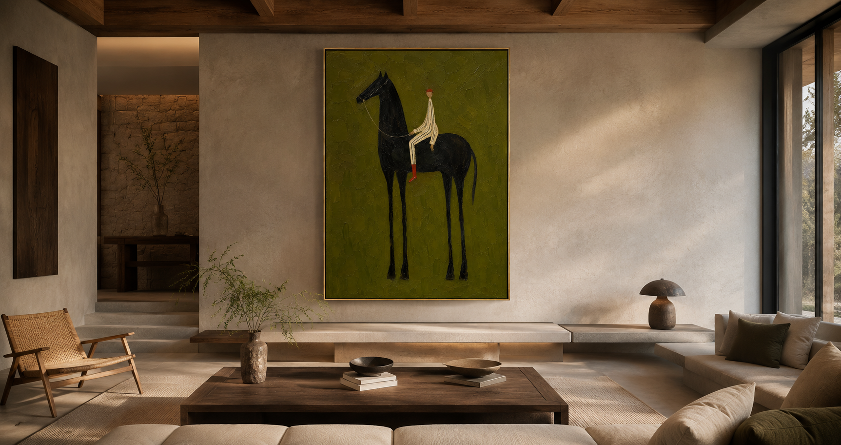 "Black Horse Reverie" - Minimalist Rider & Horse Painting | Olive Green Vertical Animal Wall Art