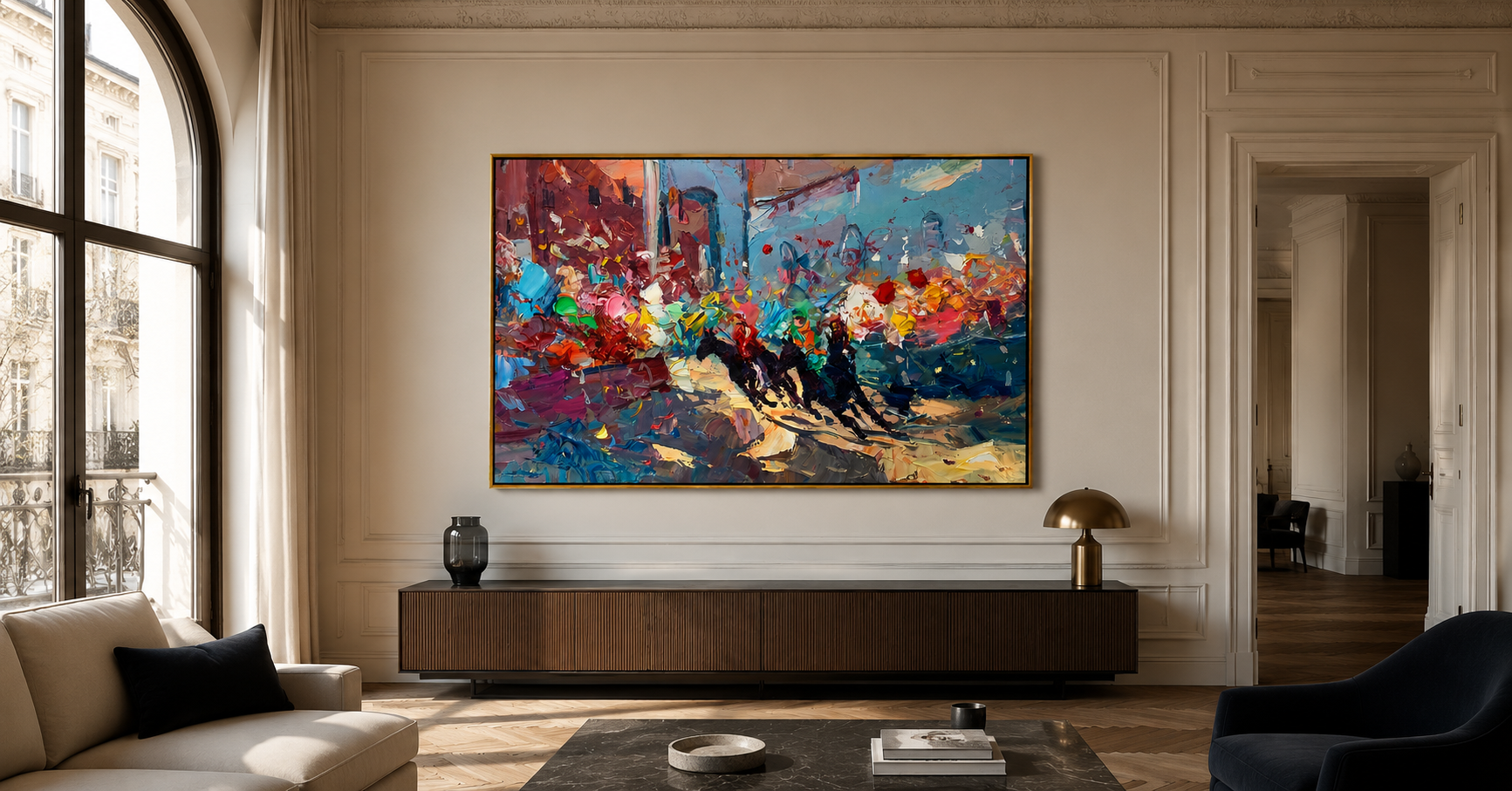 "Harbor Fragments" - Colorful Impasto Abstract Painting | Blue Red & Gold Horizontal Statement Art