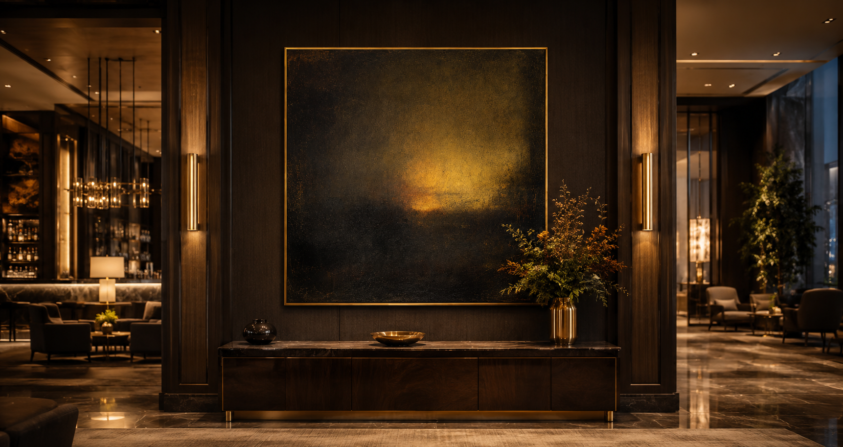 "Amber Nocturne" - Dark Abstract Glow Painting | Black Brown & Gold Square Wall Art