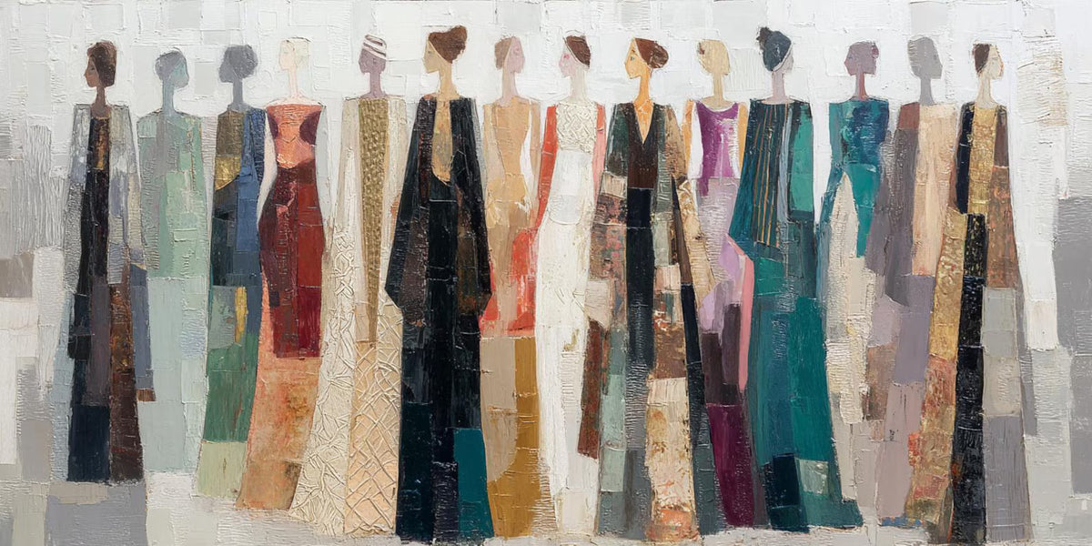 "Colorful Dressed Women Wall" - Modern Heavy Impasto Abstract Artwork | Beige Palette Knife Painting | Luxury Horizontal Wall Art #YK 1552
