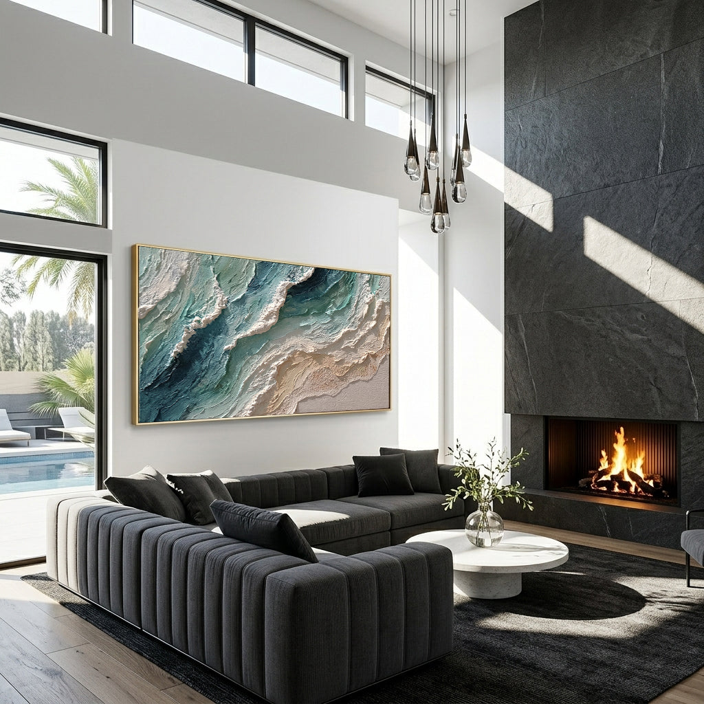 "Oceanic Pulse" – 3D Textured Abstract Wave Impasto Canvas Art | Relaxing Bedroom Wall Decor