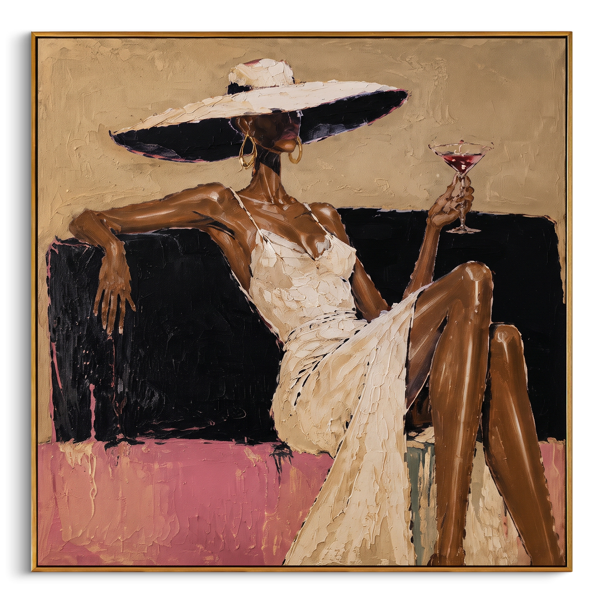 Wide Hat White Dress Cocktail focuses on seated dark-skinned woman in a white dress and very wide cream hat holding a red cocktail, with black sofa block and pink lower band. The composition is built from the exact pose, clothing shape, accessories, furniture, animal form, shoreline, palm shape, surfboard, or table arrangement visible in this artwork, so the image reads as a specific modern figurative painting rather than a generic decorative abstract. The cream; black; pink palette gives the