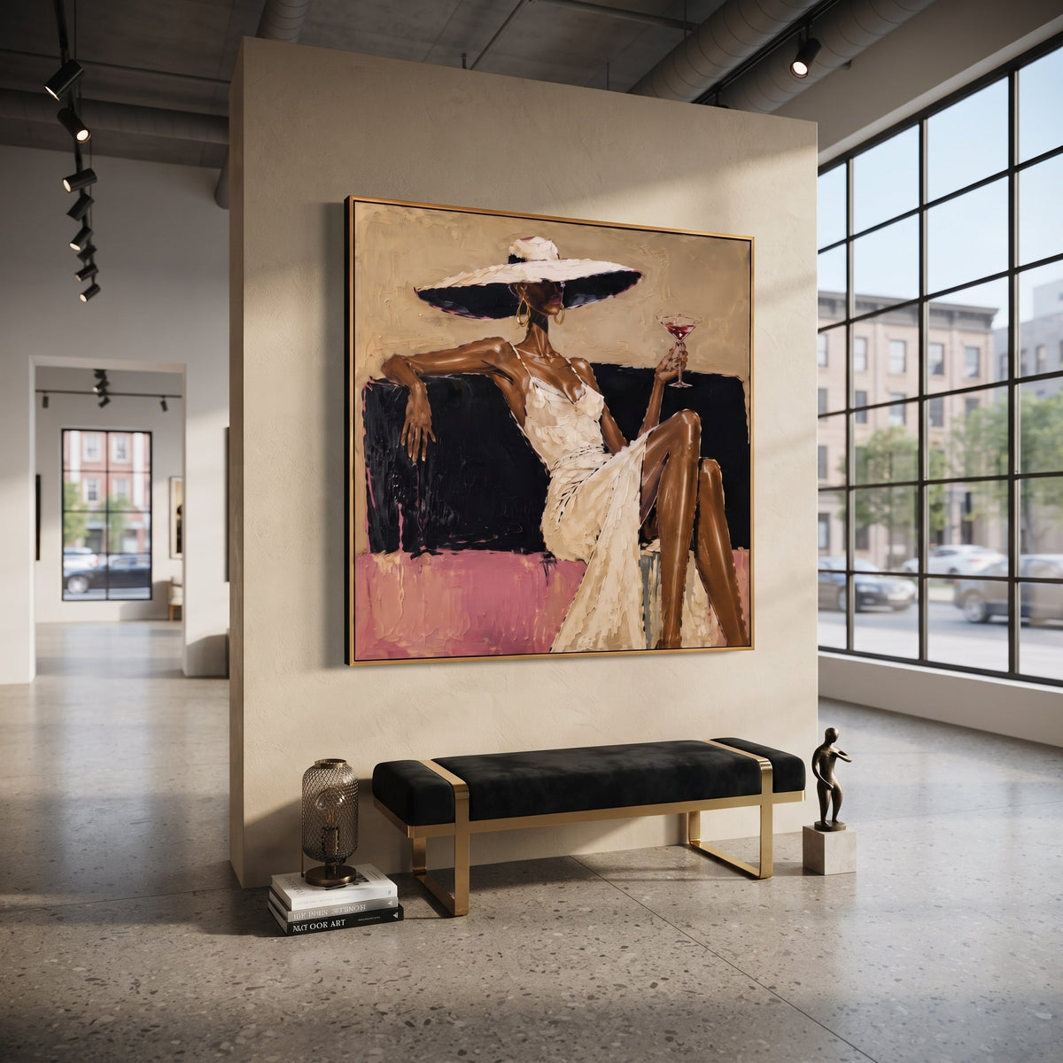 Wide Hat White Dress Cocktail focuses on seated dark-skinned woman in a white dress and very wide cream hat holding a red cocktail, with black sofa block and pink lower band. The composition is built from the exact pose, clothing shape, accessories, furniture, animal form, shoreline, palm shape, surfboard, or table arrangement visible in this artwork, so the image reads as a specific modern figurative painting rather than a generic decorative abstract. The cream; black; pink palette gives the