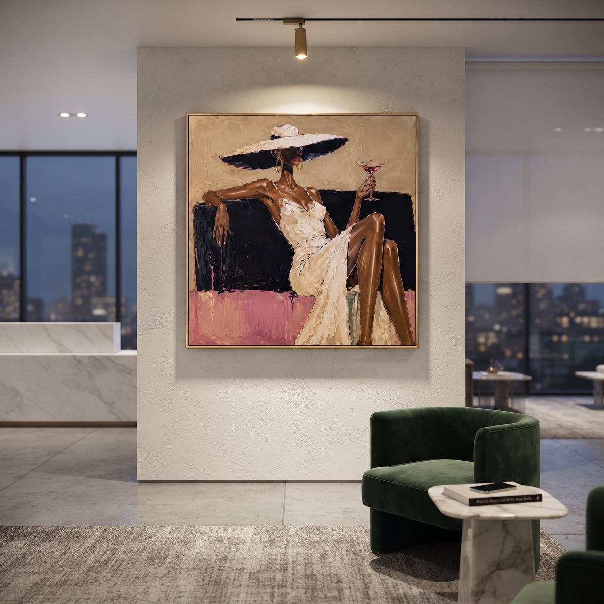 Wide Hat White Dress Cocktail focuses on seated dark-skinned woman in a white dress and very wide cream hat holding a red cocktail, with black sofa block and pink lower band. The composition is built from the exact pose, clothing shape, accessories, furniture, animal form, shoreline, palm shape, surfboard, or table arrangement visible in this artwork, so the image reads as a specific modern figurative painting rather than a generic decorative abstract. The cream; black; pink palette gives the