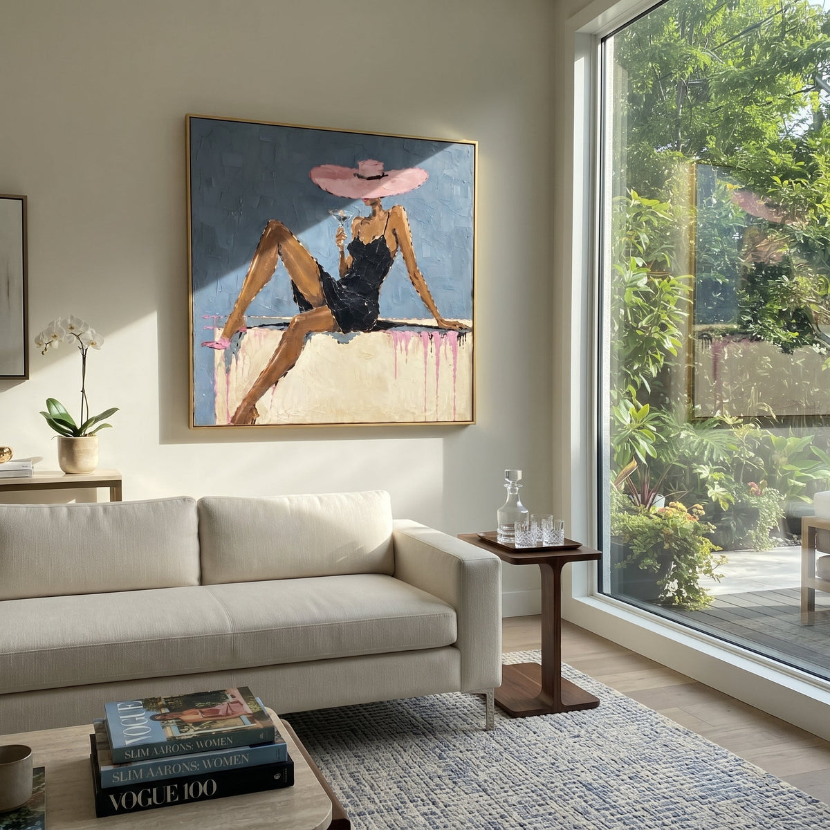 Pink Hat Blue Lounge Figure focuses on seated woman in black dress with long legs, pink wide hat, blue wall, pale sofa ledge, and pink drip marks. The composition is built from the exact pose, clothing shape, accessories, furniture, animal form, shoreline, palm shape, surfboard, or table arrangement visible in this artwork, so the image reads as a specific modern figurative painting rather than a generic decorative abstract. The blue; pink; black palette gives the piece its main atmosphere