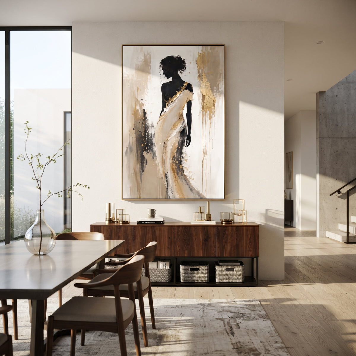 Black Silhouette White Shawl focuses on standing black female silhouette wrapped in a white shawl against beige and gold textured vertical ground. The composition is built from the exact pose, clothing shape, accessories, furniture, animal form, shoreline, palm shape, surfboard, or table arrangement visible in this artwork, so the image reads as a specific modern figurative painting rather than a generic decorative abstract. The black; white; beige palette gives the piece its main atmosphere